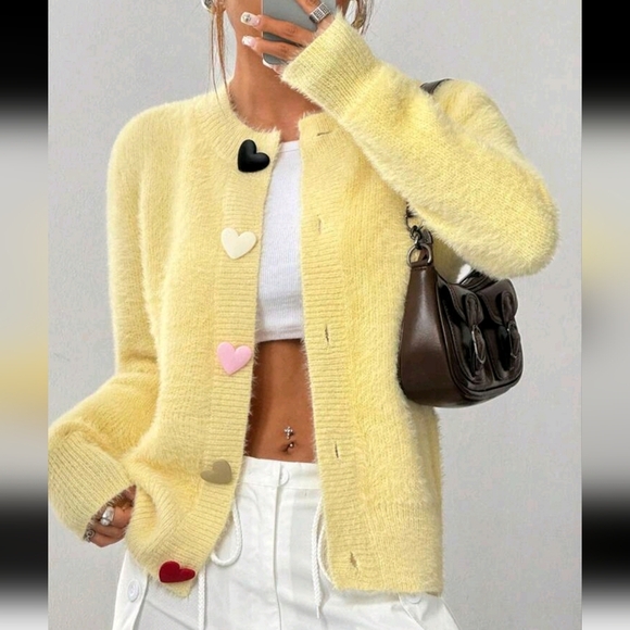 Women's Casual Colorful Heart Button Front Cardigan, Fall/Winter,Long Sleeve Top - Picture 1 of 6